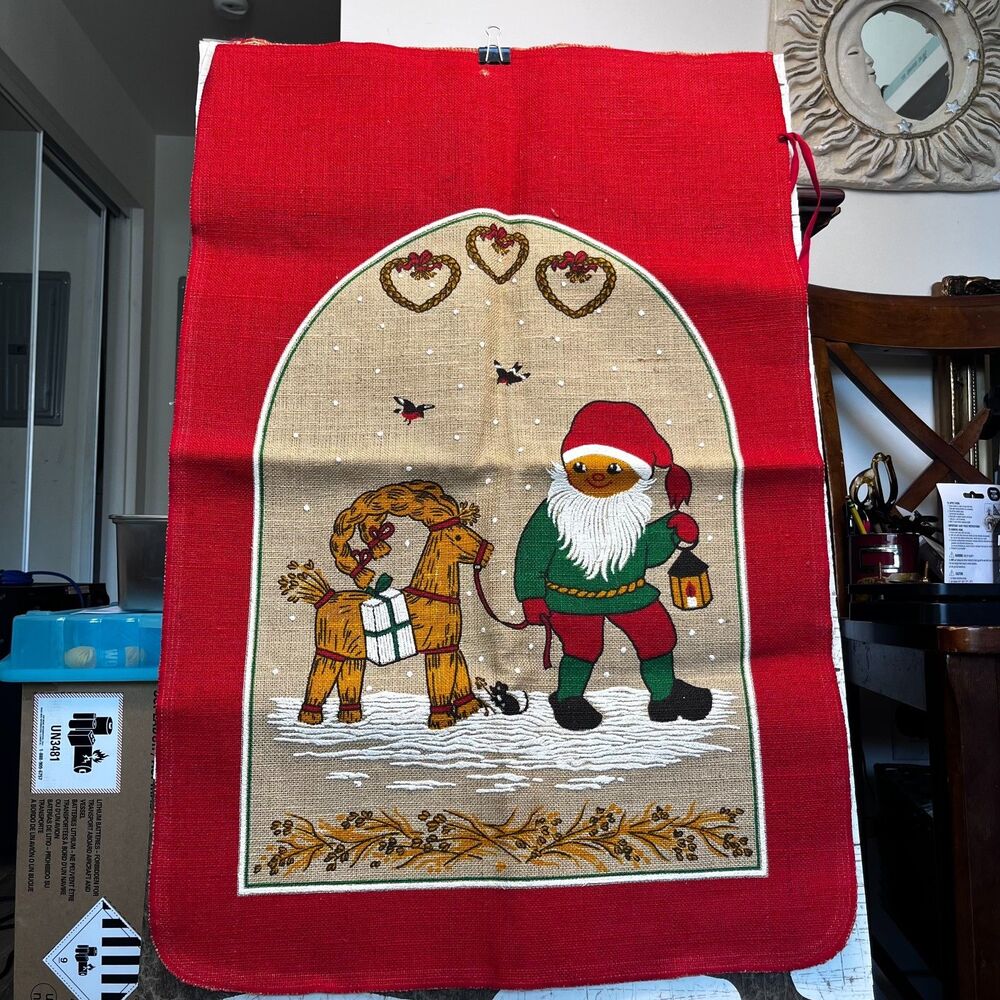 Vtg Christmas Scandinavian Nisse Tomte Yule Goat Sack Jute Nordic Folklore 35.5"